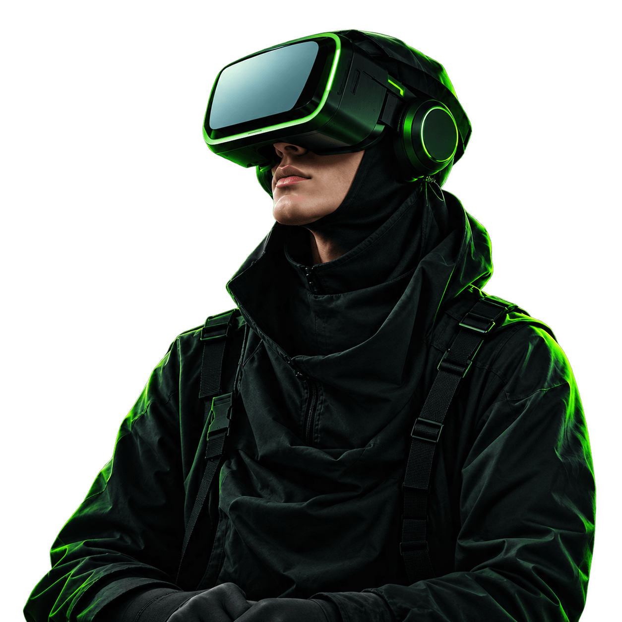 Futuristic VR operator wearing a headset